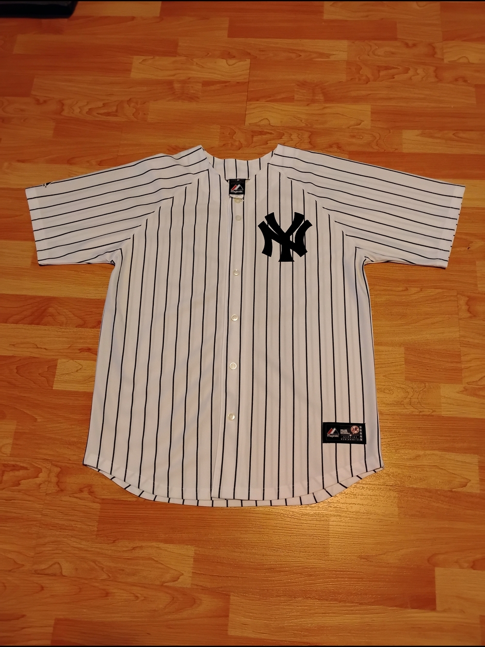 Majestic White Pinstripe Baseball Jersey with Navy Accents